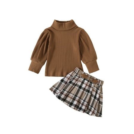 

Gwiyeopda Kids Toddler Baby Girls Fall Outfits Long Sleeve Mock Neck Ribbed Knit Tops + Plaid Skirt Set