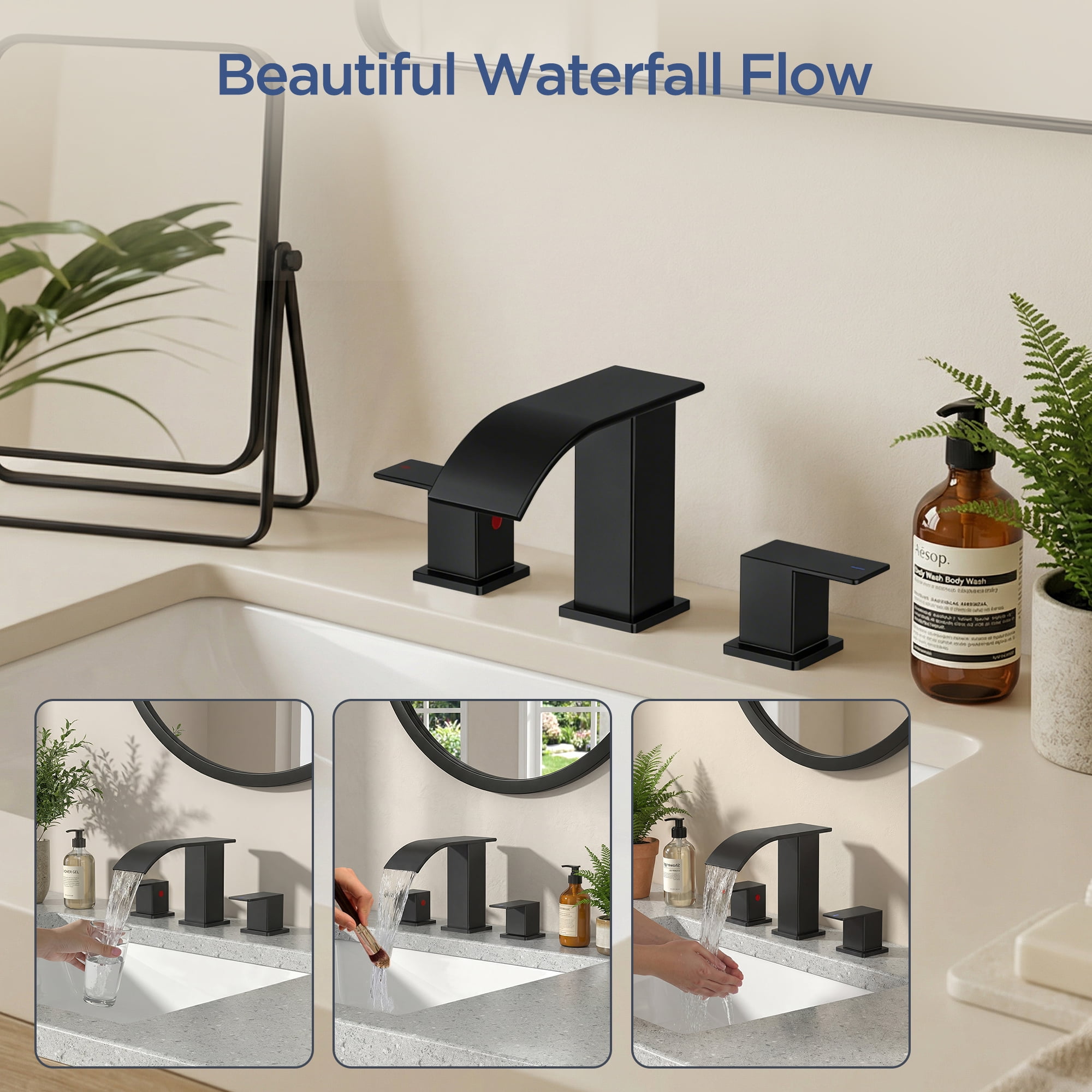 TVOFEK Waterfall Bathroom Faucet 3 Hole, 8 inch Widespread Sink Faucets Matte Black with Metal Pop-up Drain and cUPC Supply Hoses for Vanity Lavatory