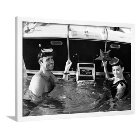 Claudine White Actors Sean Connery and Claudine Auger During the Filming of the James Bond Movie Thunderball Framed Print Wall Art ()
