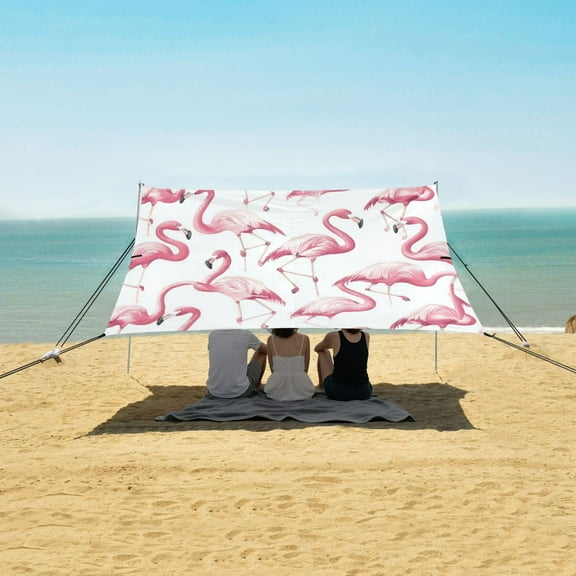 Beach Tent Beach Canopy 9.2x10.5Ft Beach Tent Sun Shelter Outdoor Canopy with Carry Bag for Camping, Backyard and Picnics Pink Flamingos Pattern