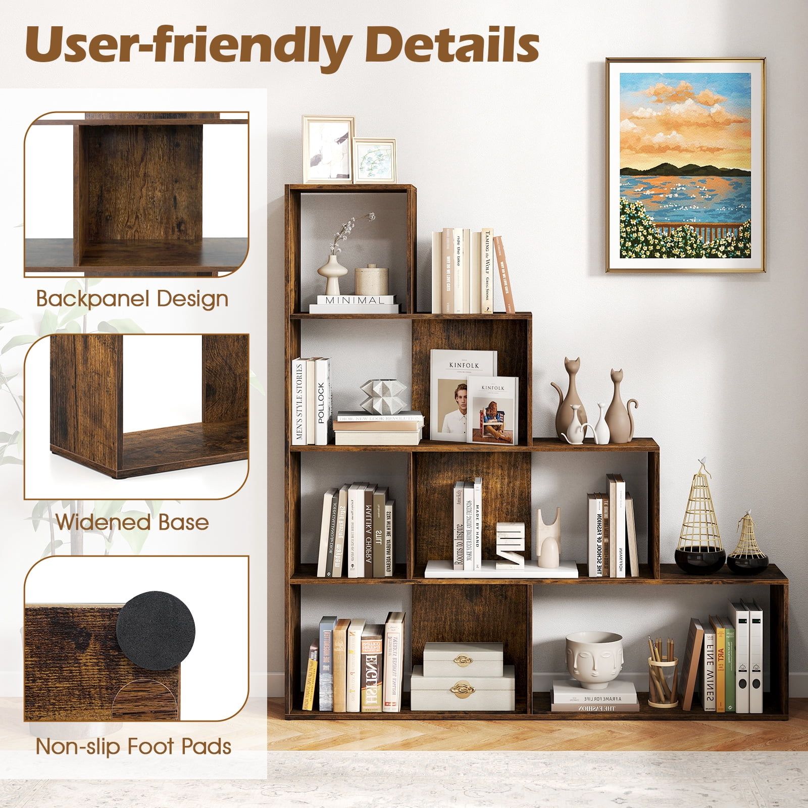 Costway 4-Tier Stepped Bookshelf with 6 Cubes, 64” Tall Organizer with Anti-Tipping Kits Rustic Brown