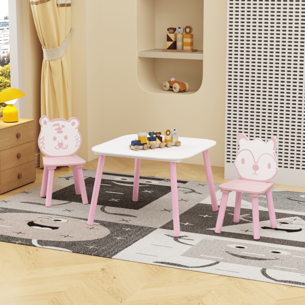 3 Piece Pink&White Wooden Kids Table and Chair Set   Animal Backrest Toddler Desk for Drawing  Learning  Playroom & Nursery