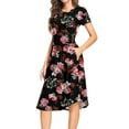 thumbnail image 3 of MLANM Women Short Sleeve Polka Dot Midi Casual Swing Pleated Empire Waist Dress with Pockets, M Floral Black, 3 of 7