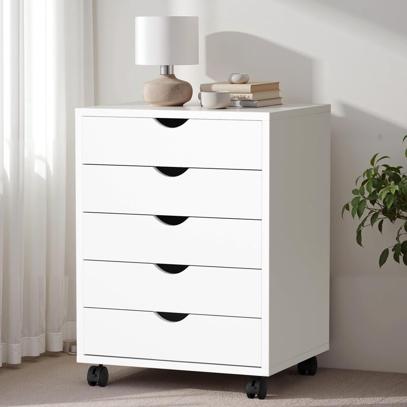 Simple Deluxe Adult 5-Drawer Chest with Wheels, Mobile Wood Storage Dresser for Office Bedroom Closet, White