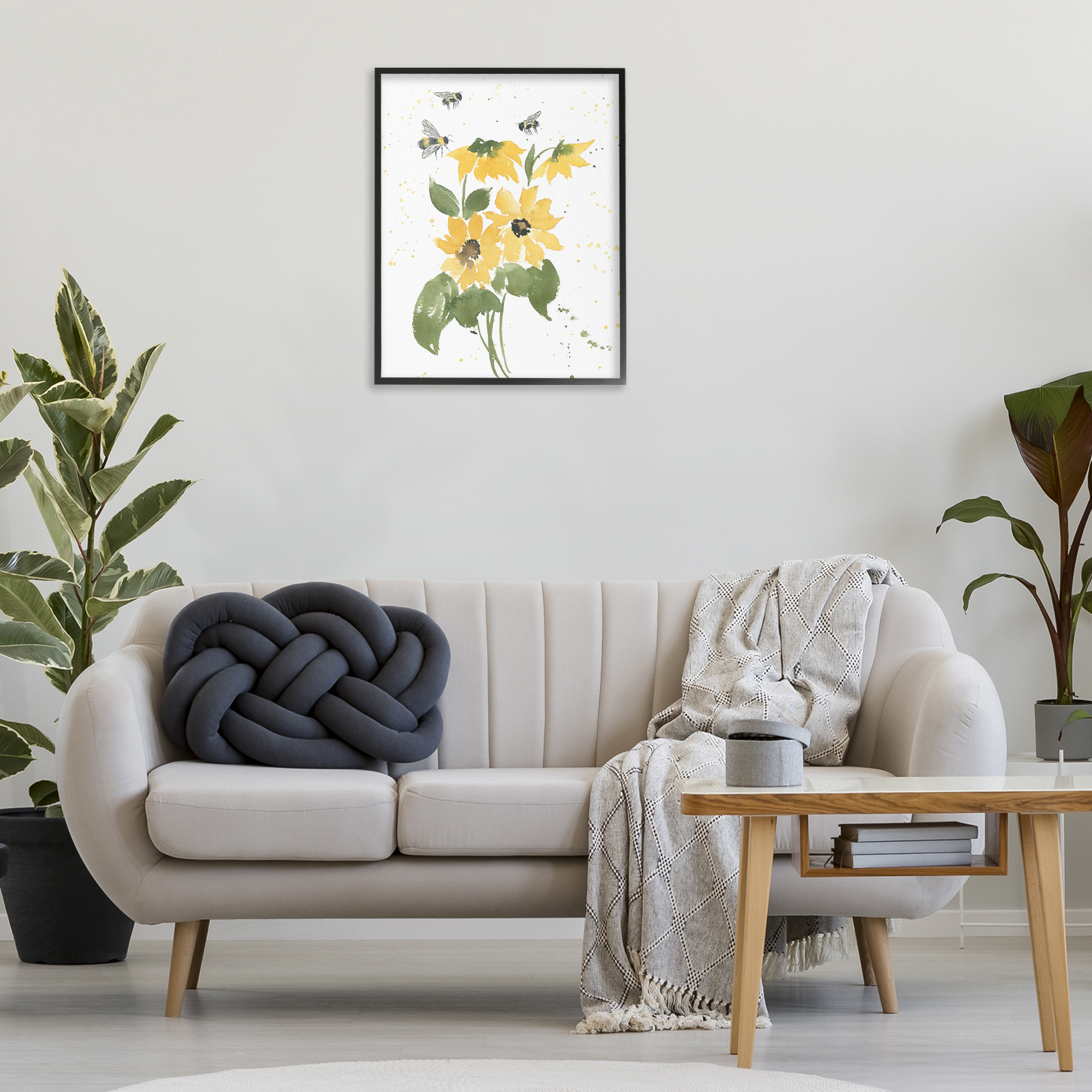 Stupell Industries Bumble Bees & Daisies Botanical & Floral Painting Black Framed Art Print Wall Art, 24 x 30