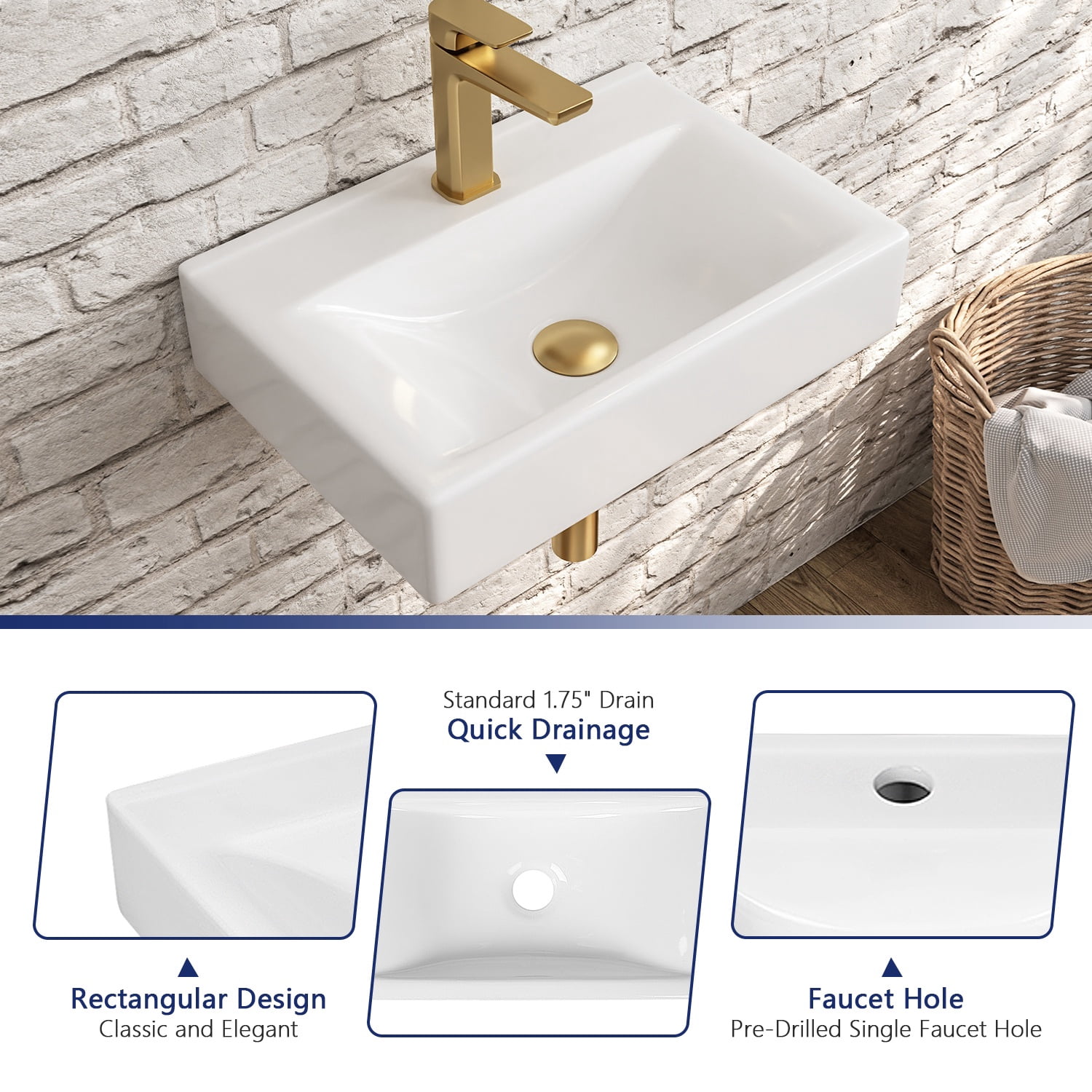 DeerValley DV-1WS0128 18" x 12" White Rectangular Ceramic Wall Mount Bathroom Sink with Faucet Hole