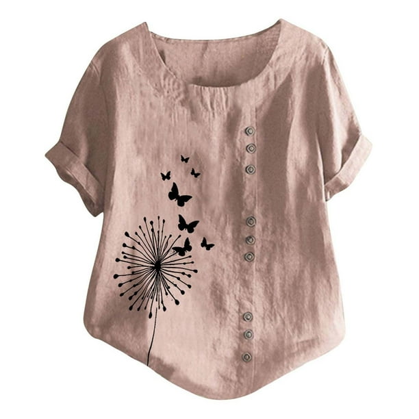 Gibobby Camisetas Mujer Manga Corta Nueva camiseta algodón informal con estampado Retro literario y artístico elegante para mujer(Rosa,G)