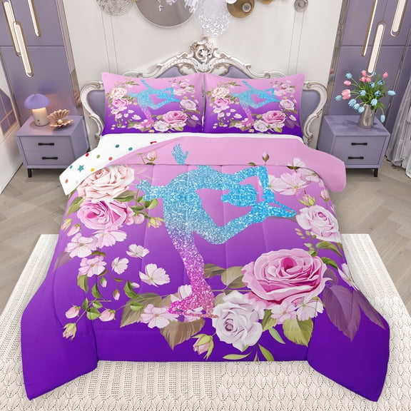 Homewish Children Teenagers Sport Figure Skating Bedding Comforter Set 2pcs,Gradient Bling Splash Twin Comforter Sets Microfiber,Chic Floral Flowers Breathable Bedding Set,Super Cozy Room Decor
