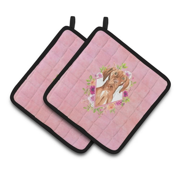 Vizsla Pink Flowers Pair of Pot Holders