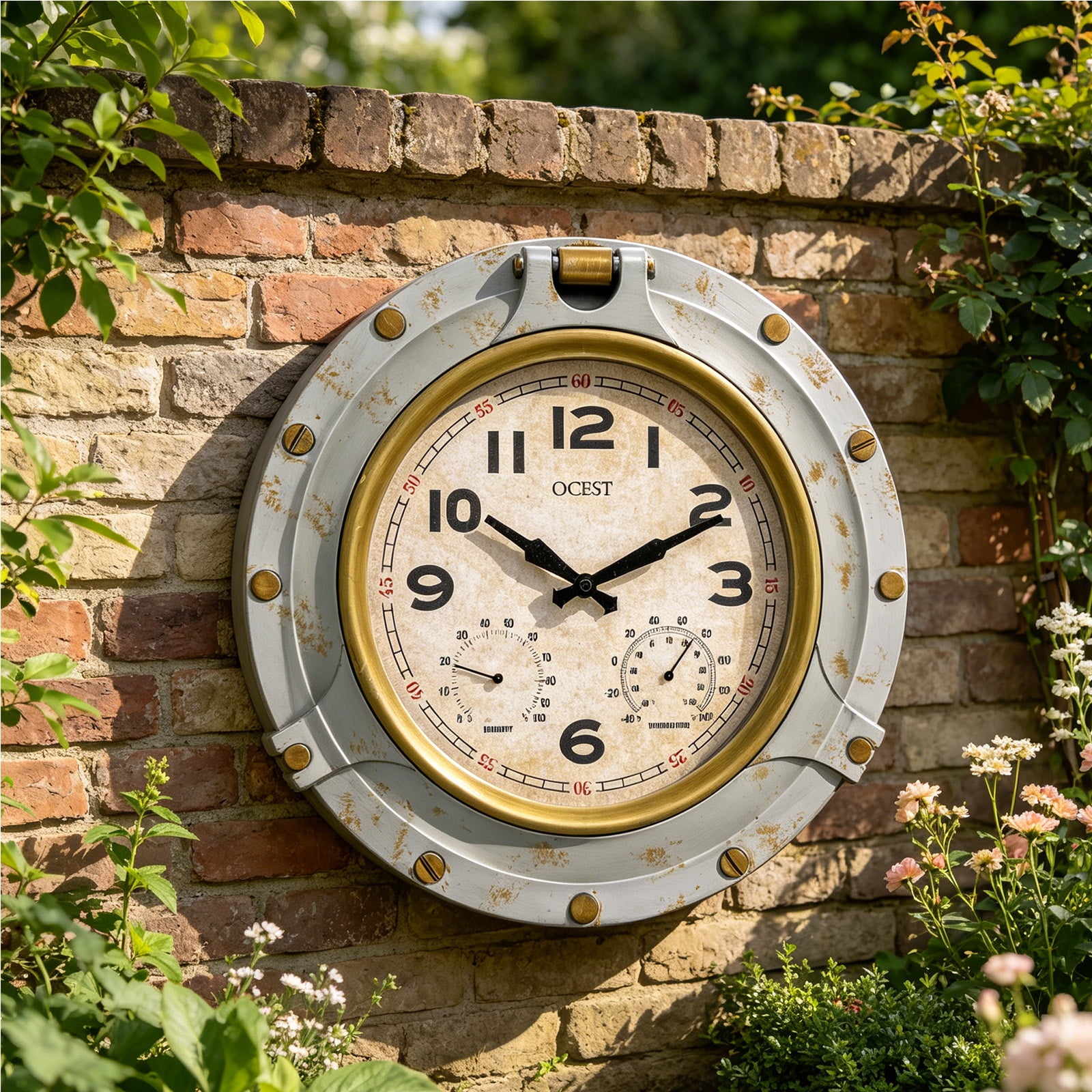 18 Inch Large Outdoor Clock Waterproof, Oversized Silent Wall Clock with Thermometer& Hygrometer,Battery Operated Clock for Garden Pool Patio Living Room Office Decorative