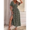 thumbnail image 5 of Green Womens Floral Print V-Neck Wrap Midi Dress With Slit, 5 of 6