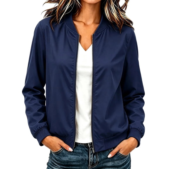 Fall Jacket for Women Solid Color Zip Up Long Sleeve Windproof Jacket Loose Fit Lightweight Spring Coat for Daily Wear