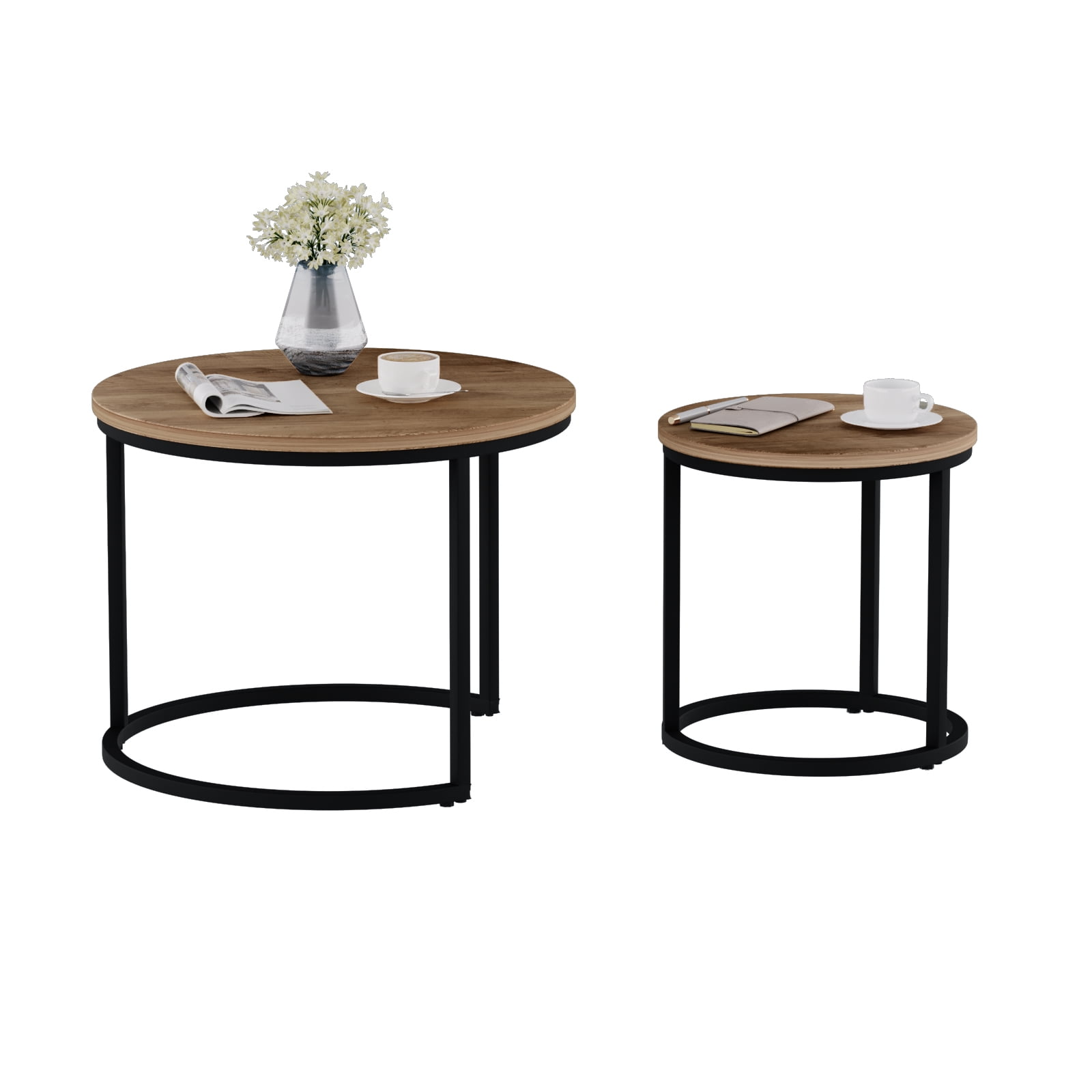 Algherohein Round Nesting Coffee Table Modern Set of 2 for Living Room Brown