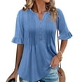 thumbnail image 2 of Womens Plus Size Tops Elbow-Length Dressy Blouses Crew Neck Pleated Front Casual Loose Tunic Tops Summer Shirts with Button S-2XL, 2 of 10