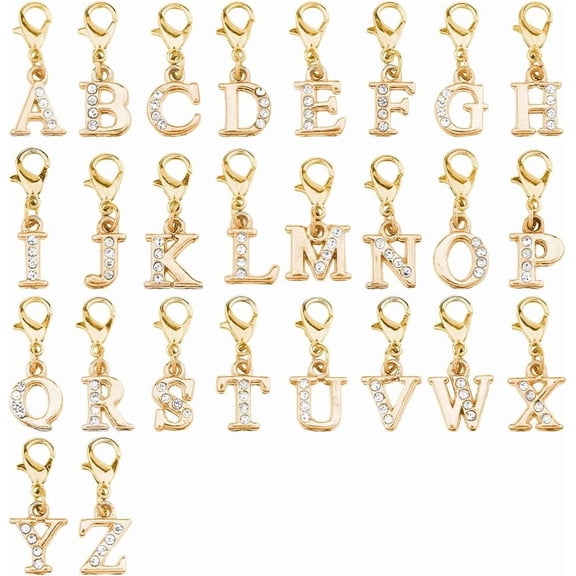 26Pcs Alphabet Charms with Lobster Claw Clasps Alloy Rhinestone Pendant Letter Clip On Charm Connect Charms for Wedding Gift Decoration Letter A~Z