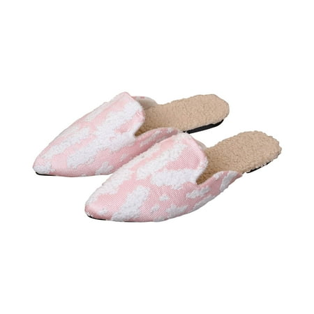 

Dpityserensio Flat Sandals for Women Fabric Faux Fur Pointed Toe Flat Bottom Warm Slippers Pink 6.5(38)