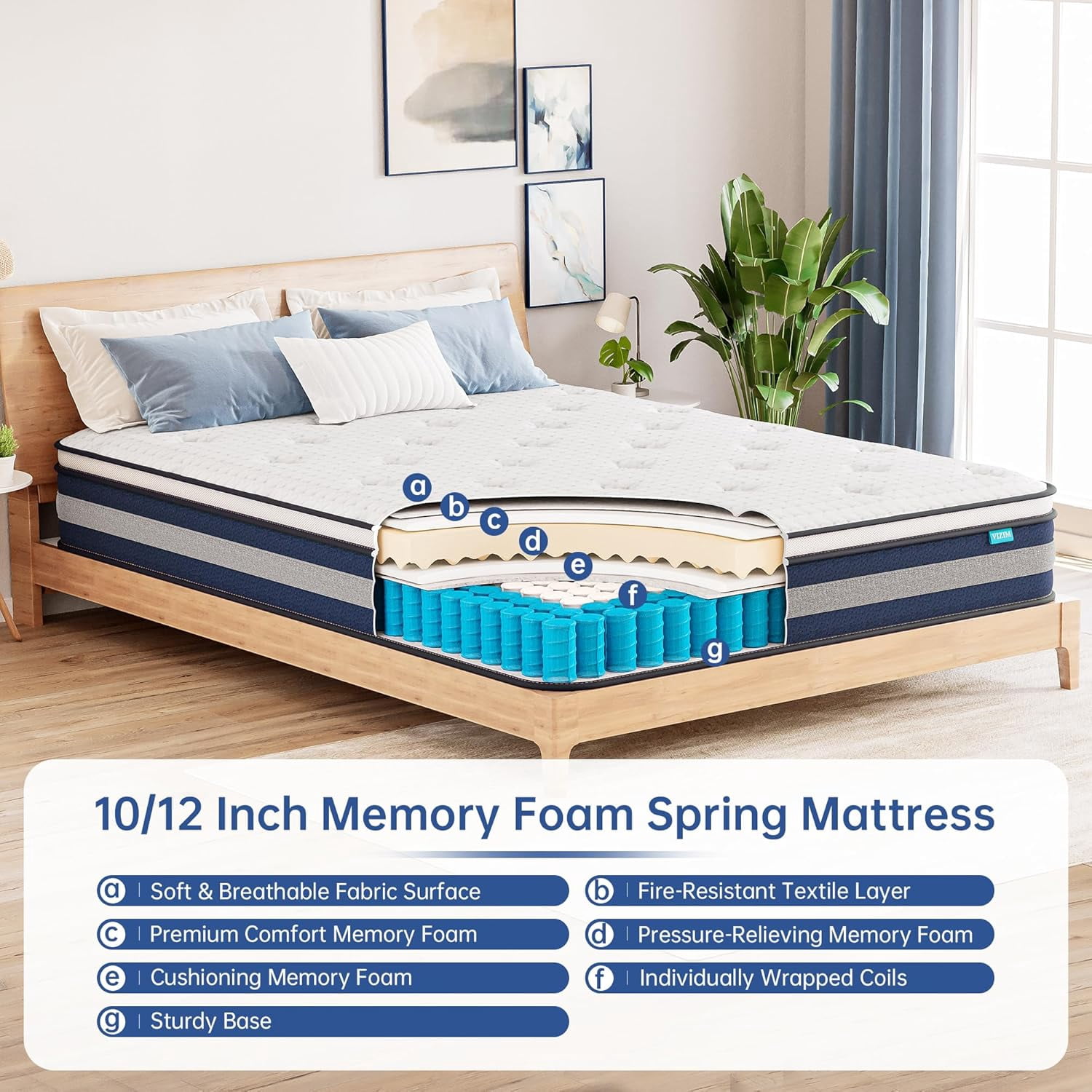 Twin Mattress, VIZIM 12 Inch Hybrid Mattress,Individual Pocket Springs & Comfort Memory Foam, Twin Size Bed for Pressure Relief & Targeted Support, Medium Firm