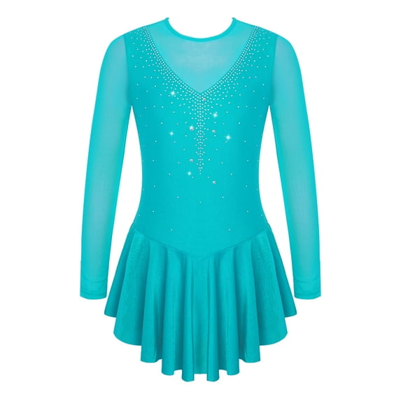 CHICTRY Kids Girls V Shape Rhinestone Decor Figure Ice Skating Dress Long Sleeve Leotard Dancewear