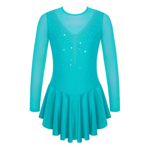 Raenseen Kids Girls Rhinestone Mesh Spliced Long Sleeve Ballet Dance Dress Leotard Figure Skating Competition Costume Lake Green 14