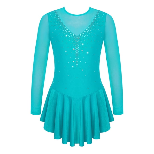 Yeahdor Kids Girls Figure Skating Dress Rhinestone Mesh Irregular Ballet Dan Dress Performance Dancewear Lake Green 16