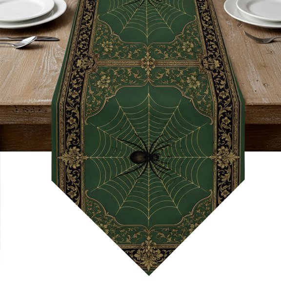 Green Middle Century Table Runner Linen Burlap Table Runner 72 Inches Long Halloween Spiders Floral Luxury Dresser Scarves for Kitchen Island Coffee Dining Room Party Holiday Decoration 14"x72"