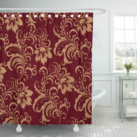 CYNLON Burgundy Maroon Gold Floral Antique Flower Pattern Classy Bathroom Decor Bath Shower Curtain 60x72 inch