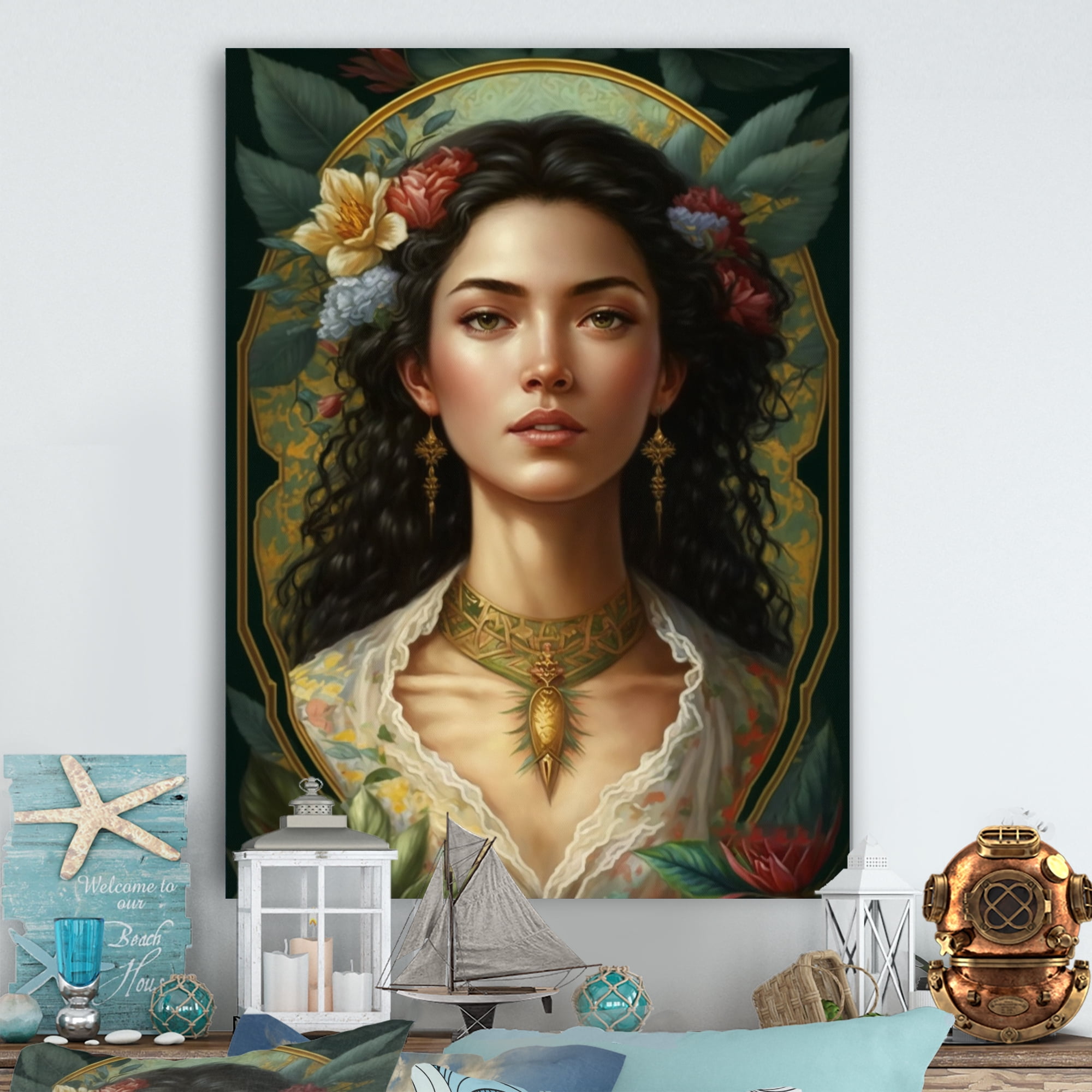 Designart Beautiful Woman With Floral In Hair Canvas Wall Art