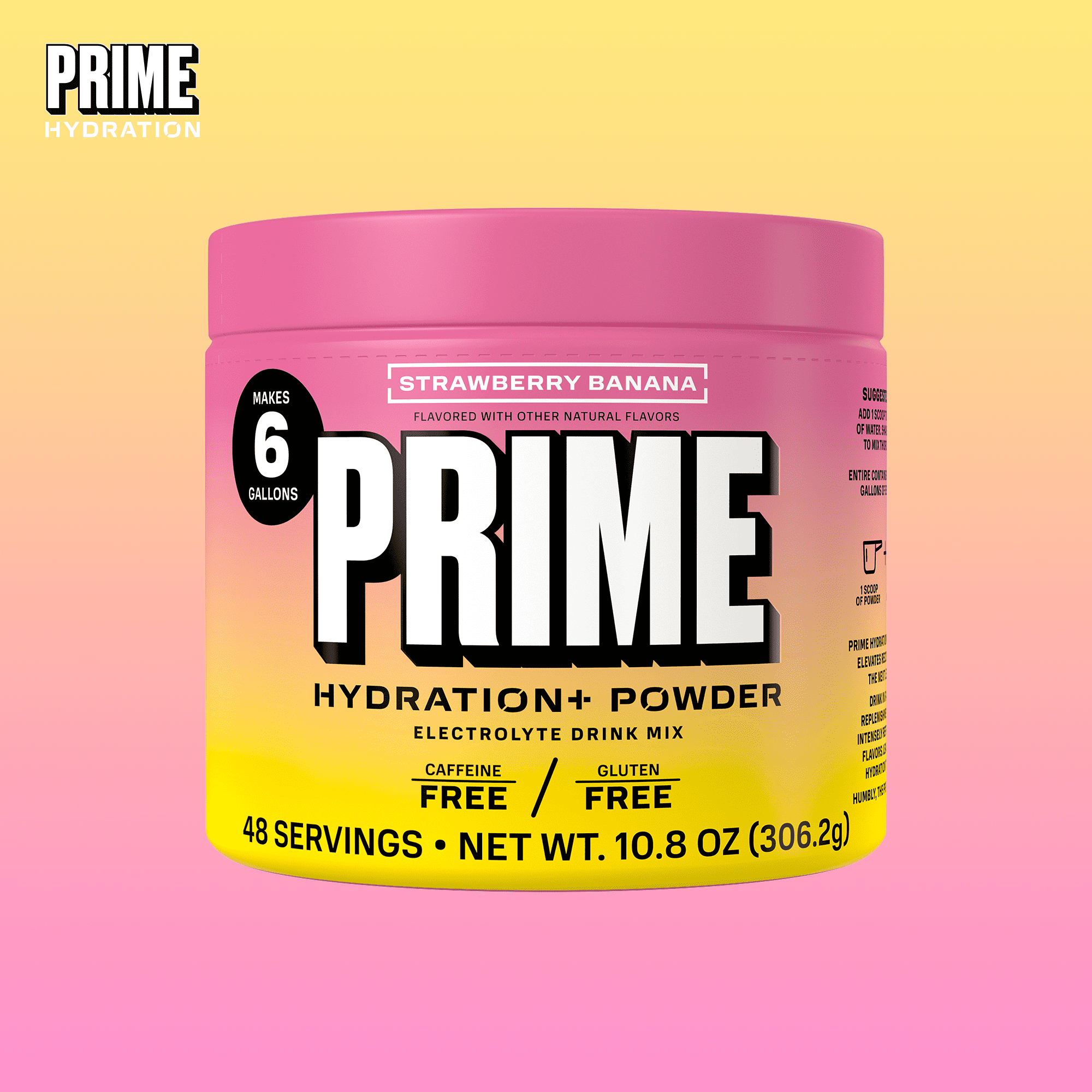 PRIME Hydration+ Strawberry Banana Electrolyte Powder, Sugar Free, 6 Gallon Tub