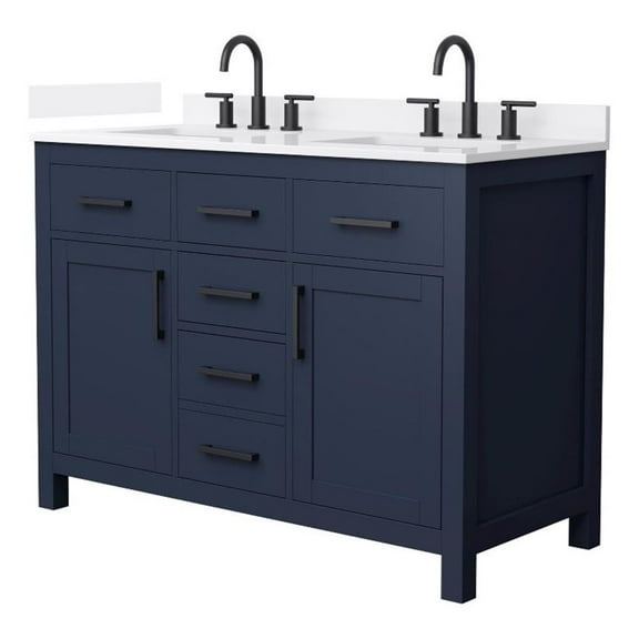 Beckett 48" Dark Blue Double Vanity & White Quartz Top (3-Hole) & Black Trim