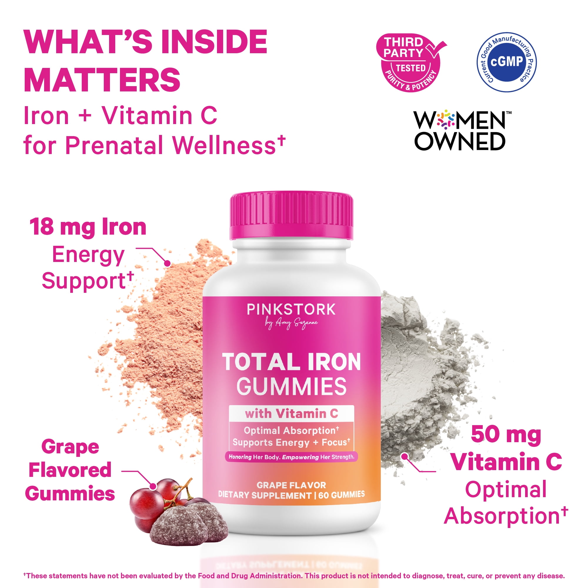 Pink Stork Prenatal Iron Gummies with Vitamin C, Grape Flavor, 60 Count