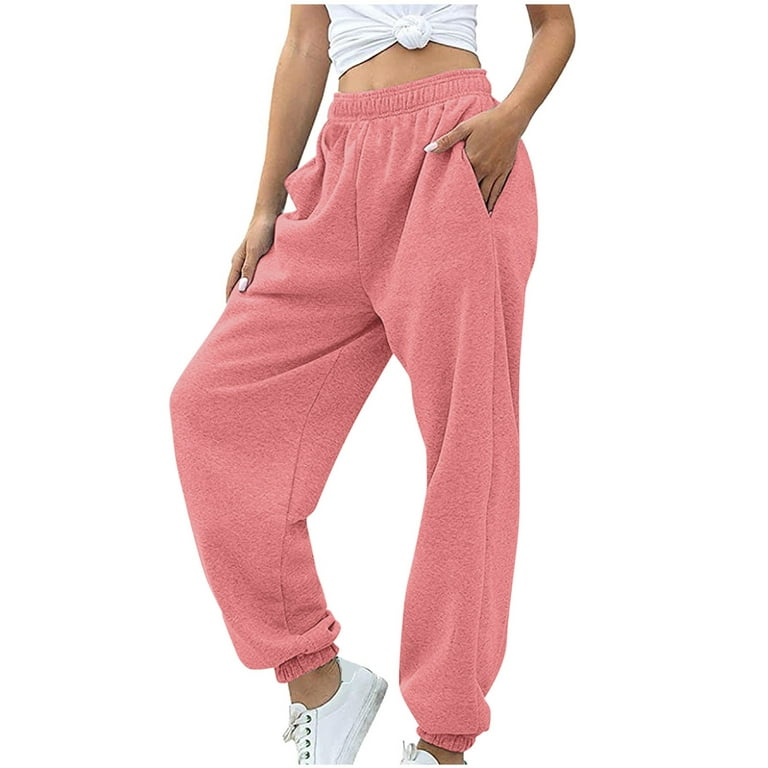 JDEFEG Soft Pants Women Casual Women's Bottom Sweatpants Pants Workout High  Waisted Yoga Pants with Pockets Dressy Women Polyester Pink M