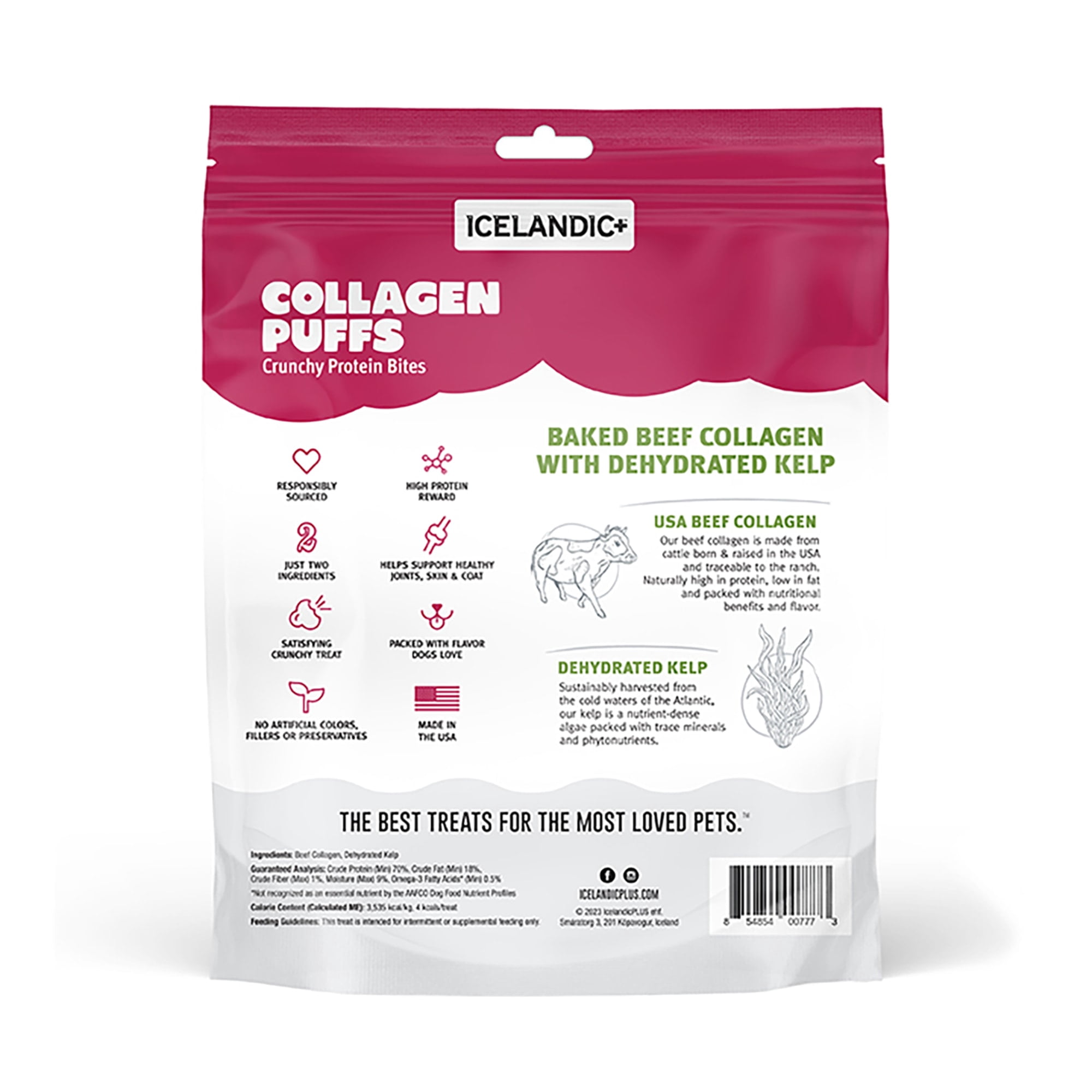 Icelandic+ Collagen Puffs: Baked Beef Collagen W/ Dehydrated Kelp 2.5oz - Treats For Med-Lg Dogs, Crunchy Protein Bites