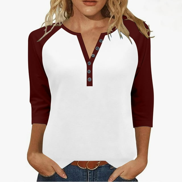 Plebaso Womens Tops 3/4 Length Sleeve Button Tee Color Block Tshirts Casual Lightweight Tunic Blouses