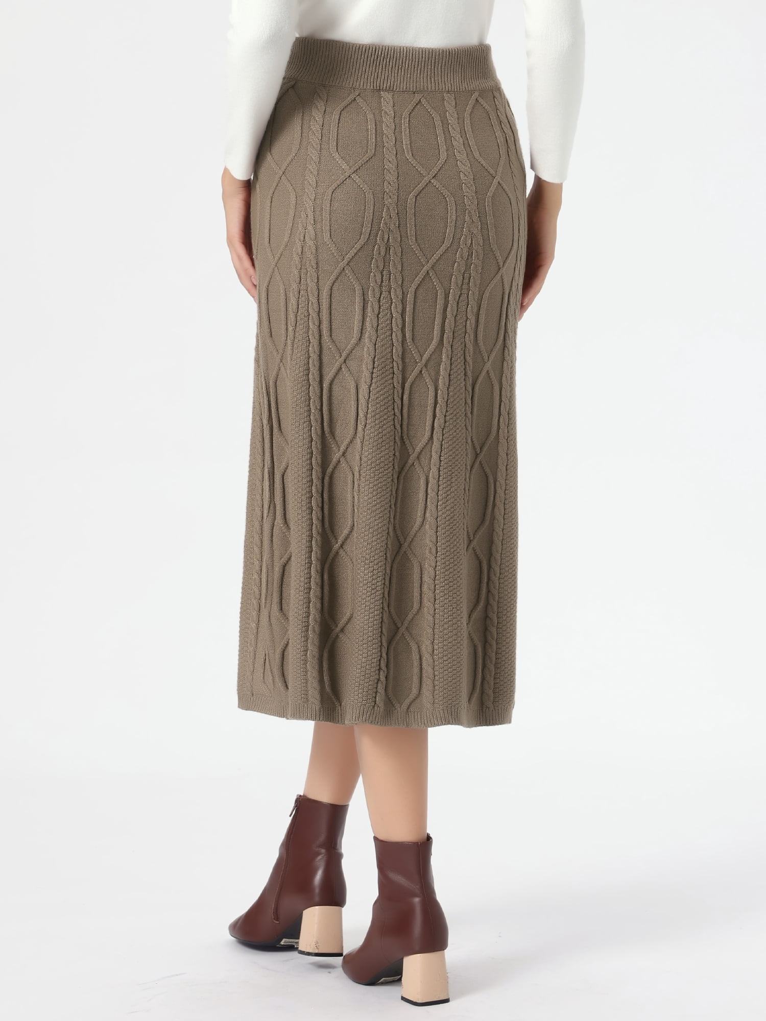 DARING DIVA Women's Cable Knit Sweater Skirt A-Line Ribbed Knit Midi Skirt XL Brown