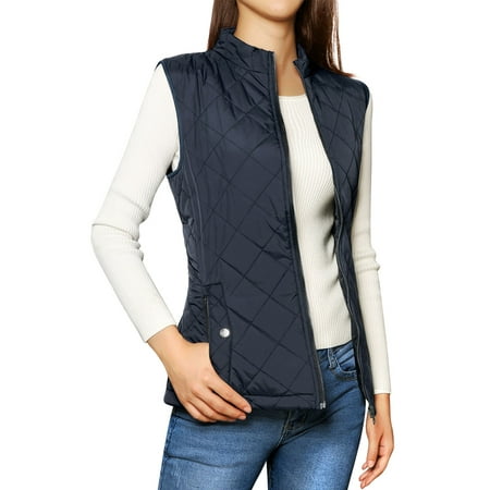 Mother's Day Gift Women's Zip Up Front Stand Collar Lightweight Quilted Padded Vest Coat Dark Blue L (US 14)