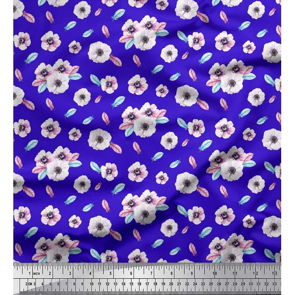 Soimoi Blue Cotton Duck Fabric Feathers & Anemone Floral Fabric Prints By Yard 44 Inch Wide