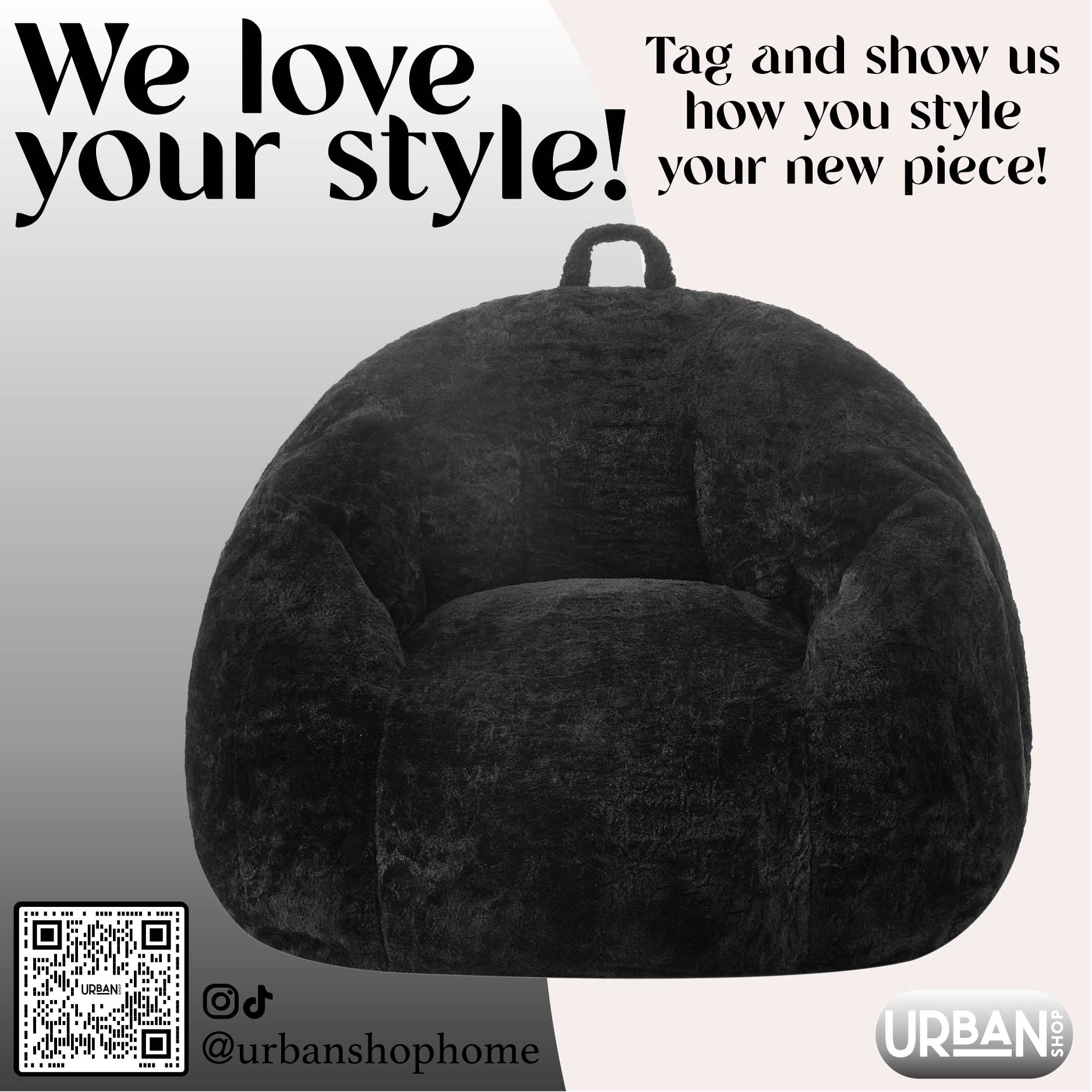 Urban Shop Faux Rabbit Fur Foam Lounge Floor Bean Bag Chair, Black