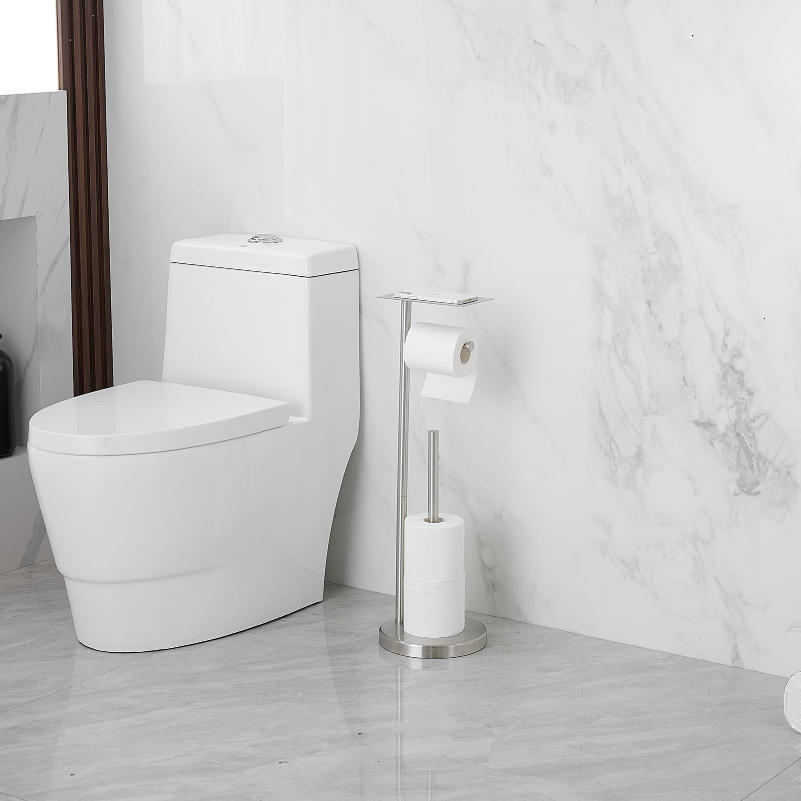 Round Free Standing Toilet Paper Holder with Top Storage Shelf in Brushed Nickel