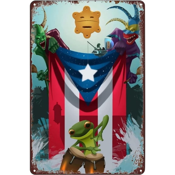 Vintage Metal Frog Tin Sign Puerto Rico Flag Patriotic Wall Art Decor Plaque 8x12 Inch