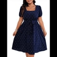 thumbnail image 3 of Vestido Elegante de Talla Grande con Lunares Retro, Cuello Cuadrado y Lazo en la Cintura para Mujer Azul Oscuro XXL, 3 of 9