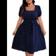 thumbnail image 3 of Vestido Elegante de Talla Grande con Lunares Retro, Cuello Cuadrado y Lazo en la Cintura para Mujer Azul Oscuro XXL, 3 of 9