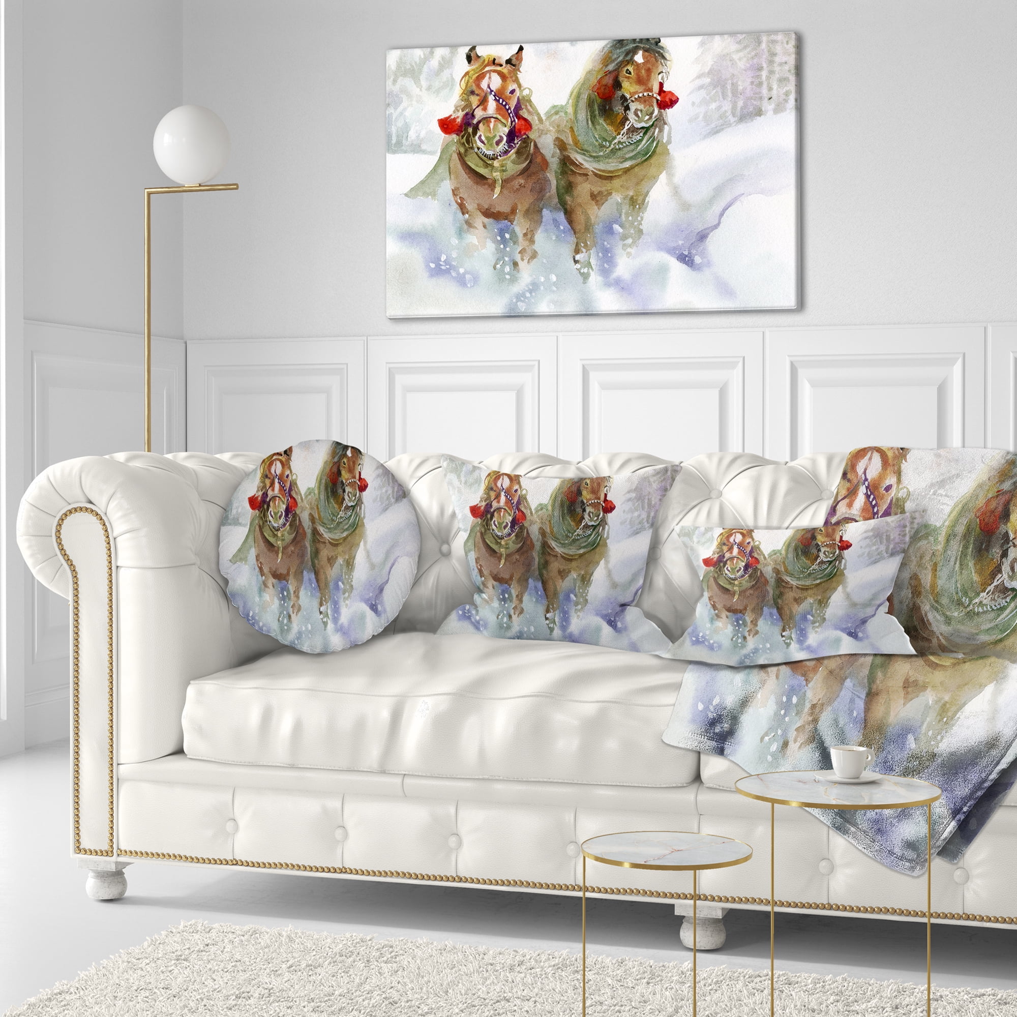 Designart Horses Running in Winter - Animal Throw Pillow - 12x20