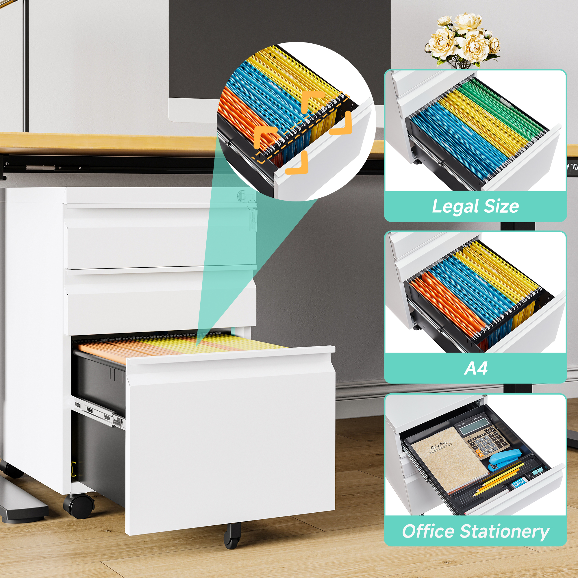 STANI 3 Drawers Storage Cabinet, Mobile Filing Cabinet for Mini Printer Stand, Unassembled Metal Rolling File Cabinet for Home Office(Unassembled,White)