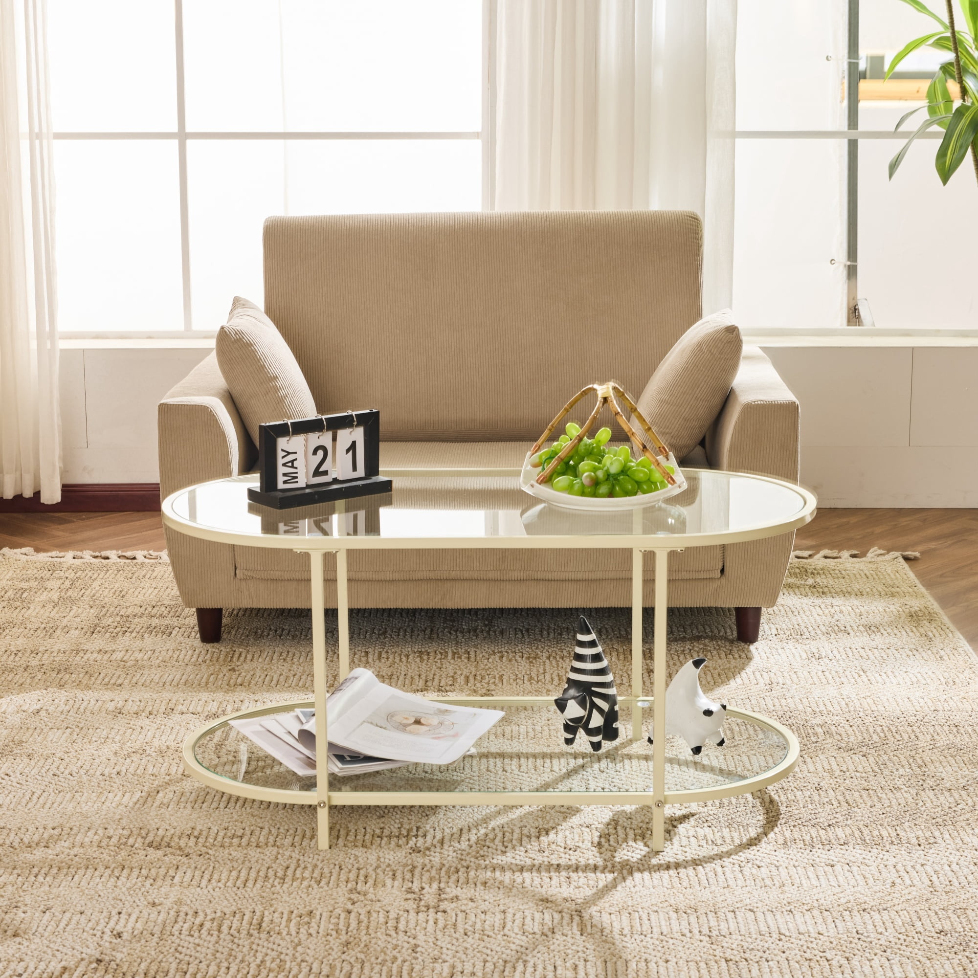 Ktaxon Rustic Coffee Table, Transparent Glass 2-Tier Oval Vintage Minimalist Design Center Table Rust Resistant Narrow Table for Living Room, Beige