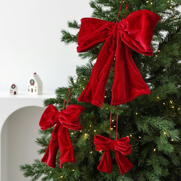 Decoración de lazos de terciopelo con lazo de Navidad | Cinta roja con plegados de memoria | Adorno navideño resistente a arrugas | 1 pieza, disponible en 3 tamaños 30x28cm 20x18cm 12x10cm