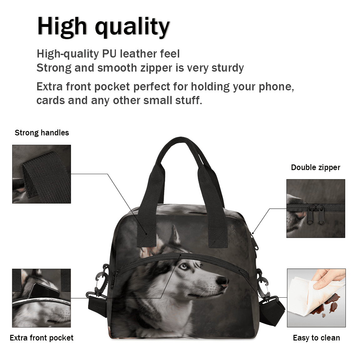 Herdesigns Cool Husky Dog Insulated Lunch Bag for Women Men Adults Large Reusable Lunch Box Leakproof Portable Cooler Tote Bags with Adjustable Shoulder Strap