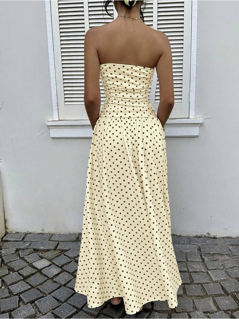 Casual Vacation Cream Yellow Polka Dot Strapless Maxi Dress For Women