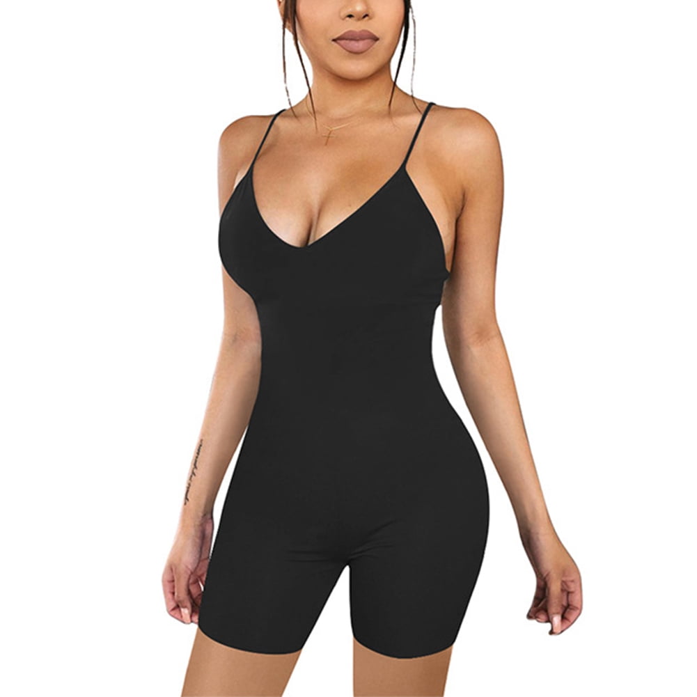 Jescakoo Womens Spaghetti Strap Low-Cut Back Jumpsuits Bodysuits Solid Color 