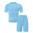 thumbnail image 2 of Wyobmus Men's 2 Piece Tracksuit Solid Color Muscle Texture Sweatsuits Short Sleeve Crewneck Summer T Shirt and Drawstring Casual Track Shorts Set Light Blue, 2 of 3