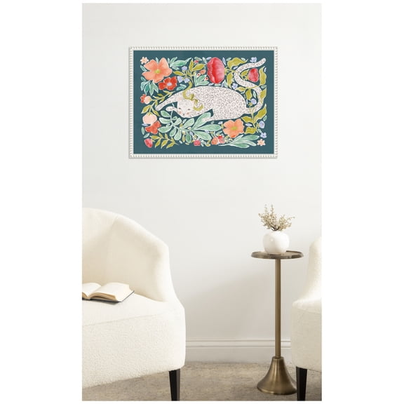 Kate and Laurel Framed Canvas Wall Art Print JL Floral Cat by Jill Labieniec, 24 x 18 Sylvie Beaded White Frame, Whimsical, Animal Art for Wall Decor